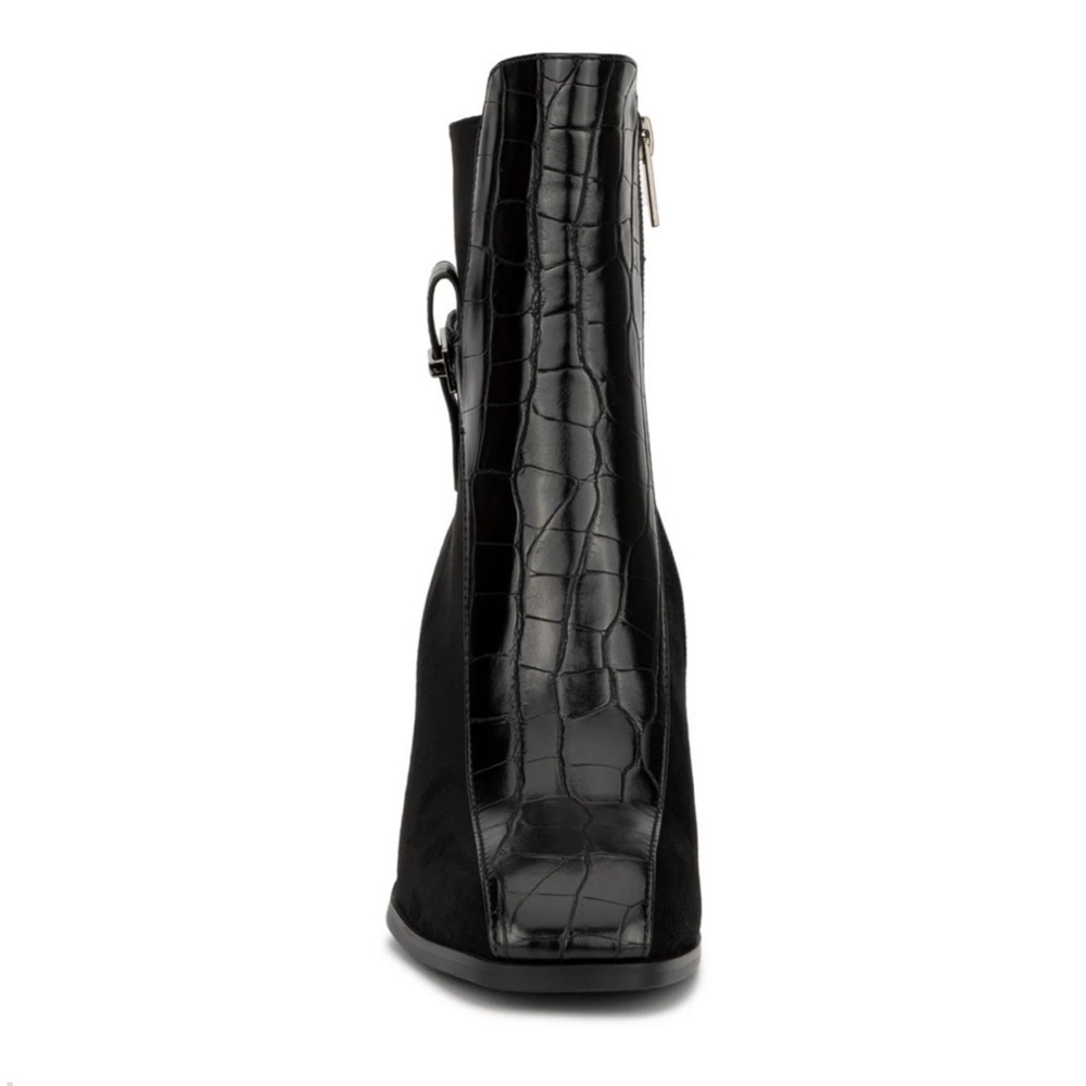 Torgeis Fontaine Black Croc-Embossed Block Heel Ankle Boots w/ Buckle Size 8 - Picture 4 of 13
